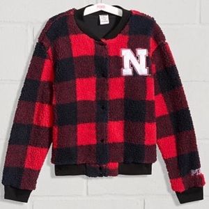 VS PINK SHERPA JACKET UNIVERSITY OF NEBRASKA LOGO